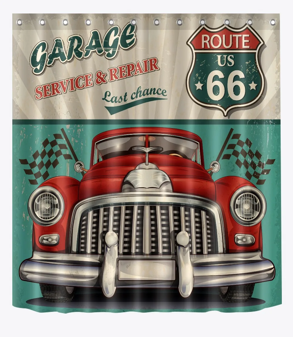 LB Ретро занавес для душа Route 66 ткань и коврик гаражный сервис ремонт последний