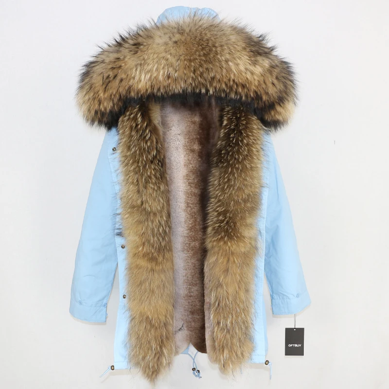 light blue natural E Зимняя женская куртка, бренд, длинная парка, пальто с натуральным мехом енота, воротник из натурального меха, теплая Толстая Уличная одежда, повседневная верхняя одежда - Цвет: light blue natural E