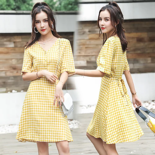 Для женщин платье Мода v образным вырезом хлопковая клетчатая рубашка 2019 Лето