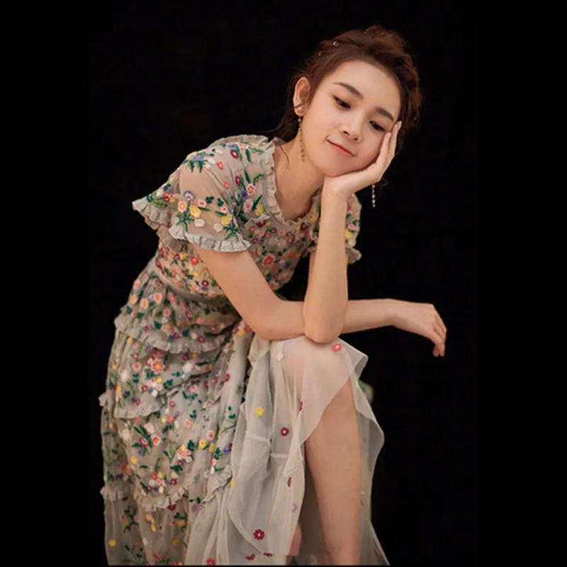 New Fashion Runway Summer Dress Women's Flare Sleeve Floral Embroidery Elegant Mesh Hollow Out Midi Dresses