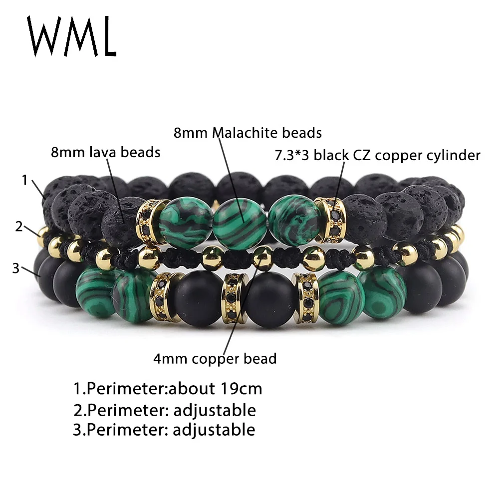 3pcs/Set Luxury CZ copper Charm mens Bracelet Braided macrame Malachite natural stone beads bracelets &amp bangles for Men Jewelry |