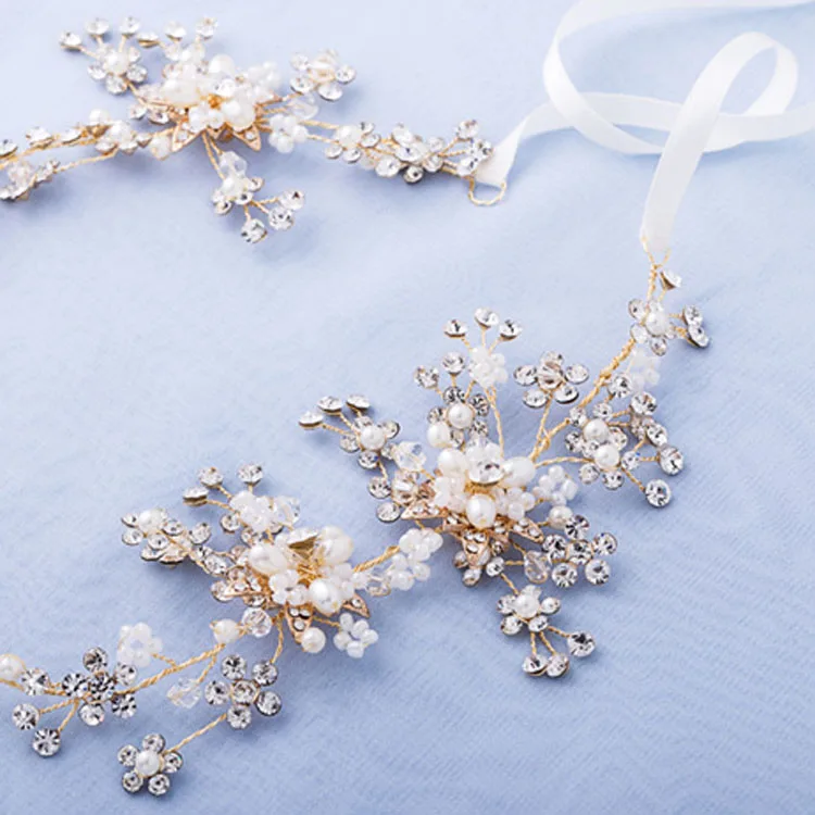 

SLBRIDAL Handmade Crystal Rhinestones Pearls Flower Wedding Tiara Hair Vine Headband Bridal Hair accessories Bridesmaids Jewelry