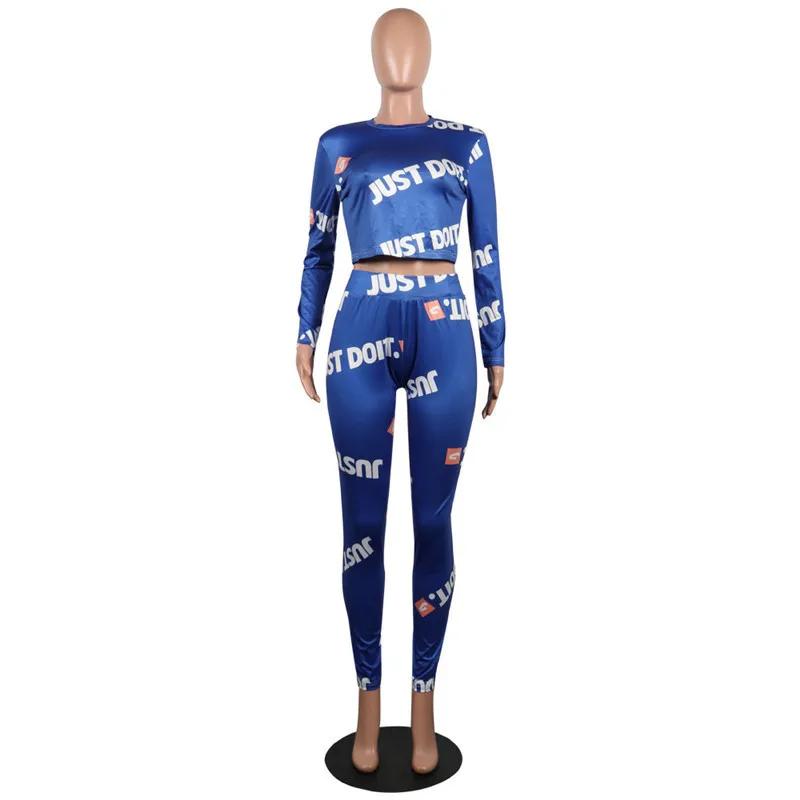 Синий Letter Printed Sexy 2 Piece Set Autumn Long Sleeve Crop Top And Skinny Full Length Pants Women Black Casual Outfits GRNSHTS - Цвет: Синий