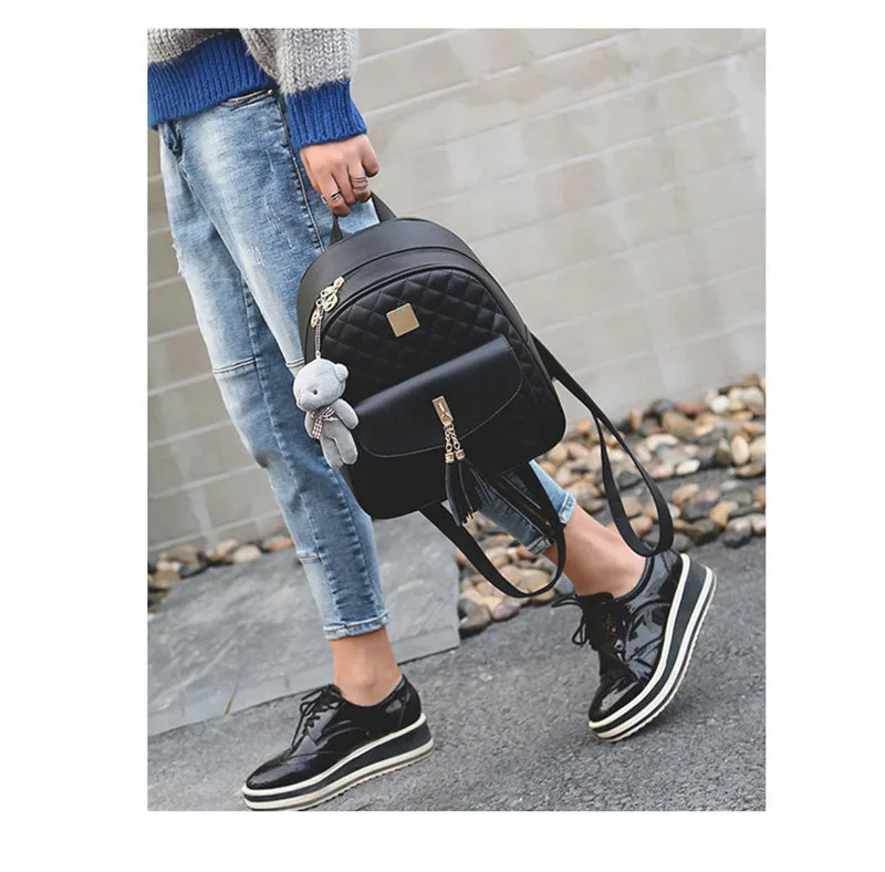 Women Small Vintage Backpack Women's Bag Set Waterproof Retro Bear Pendant Bags Set Of 3 Female Luxury Cute Leather Backpacks