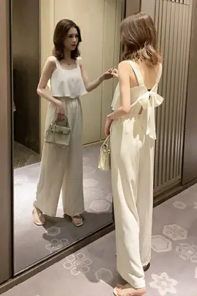 Women Summer Elegant High Waist Sling Romper Ladies Lace Up Bow Straight Trousers Fashion Solid Chiffon Jumpsuits for | Женская одежда