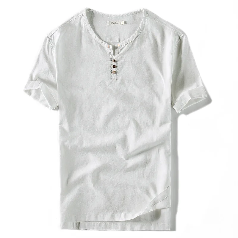 Мужская льняная рубашка без воротника модная крутая Однотонная в китайском
