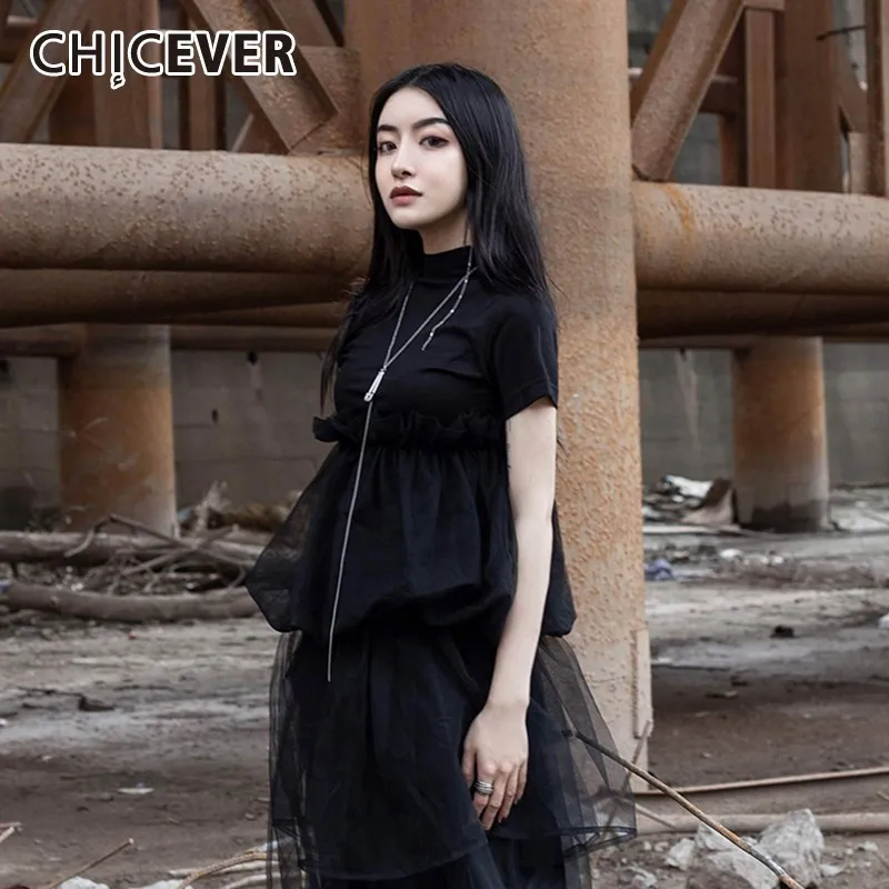 Женская футболка CHICEVER черная Повседневная с о-вырезом и коротким рукавом 2020 |