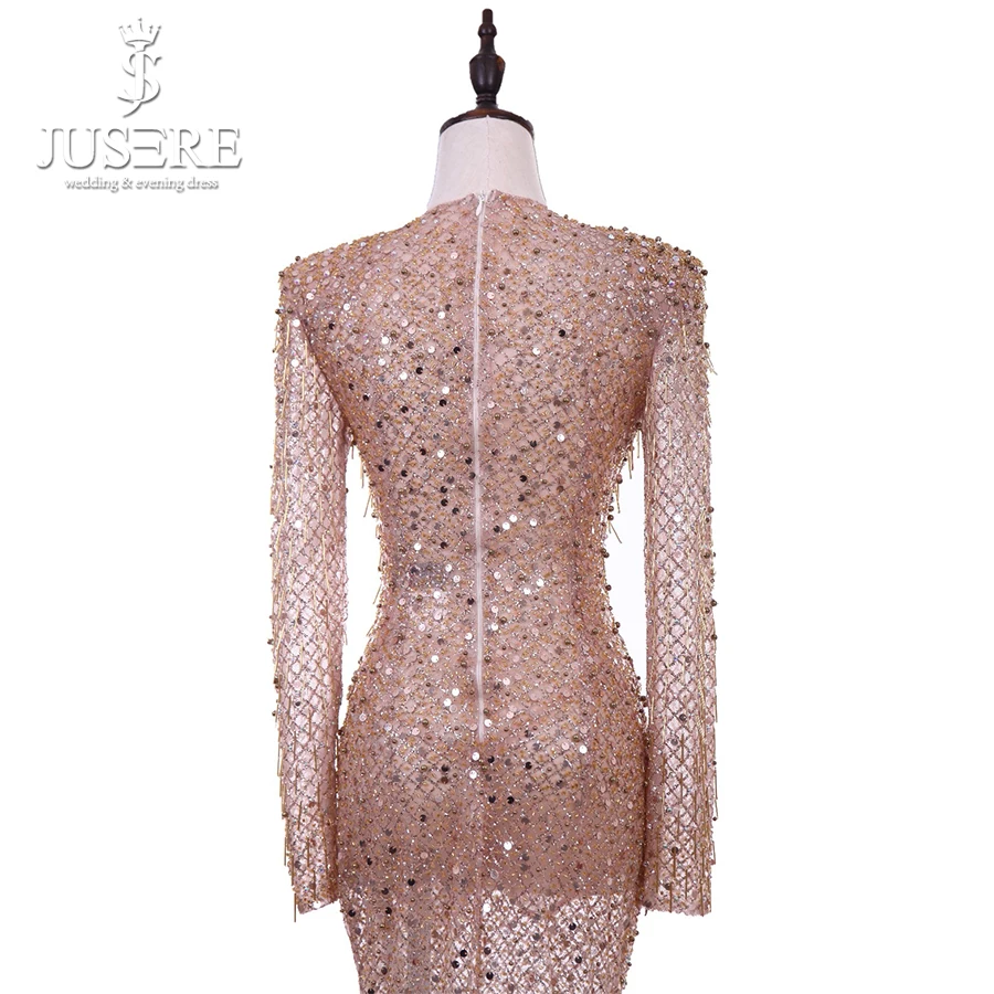 Real Photos Sexy Shiny Golden Illusion Long Sleeves Celebrity Dress With Crystals Tassel V Neck High Split Evening Dress
