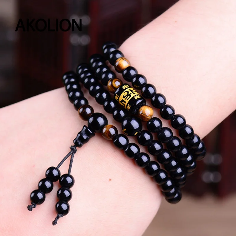 Черный 108 четки камень тигровый глаз браслет Цепочки и ожерелья нить страз мала