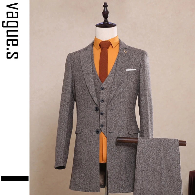 OSCN7 серый шерстяной приталенный длинный костюм для мужчин на заказ сплошной цвет