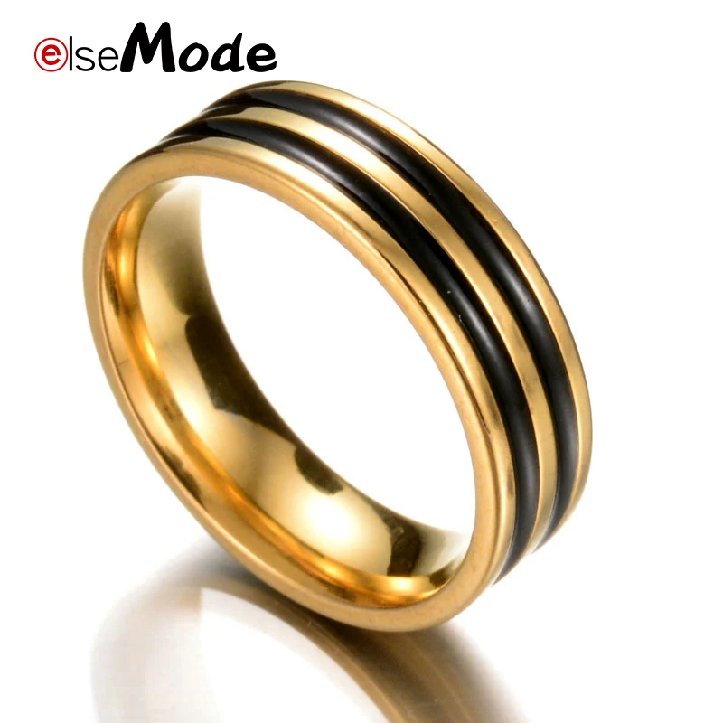 ELSEMODE трендовые золотые кольца с двумя черными линиями обручальное кольцо