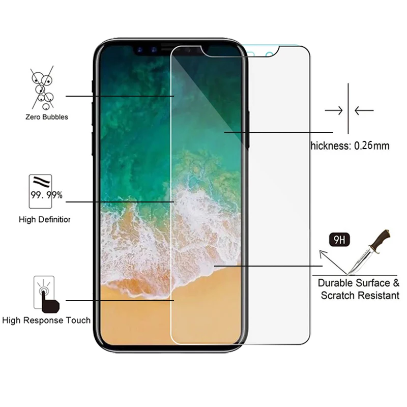 Высокое качество 0 26 мм 9H прозрачное закаленное стекло для Apple iPhone X 10 8 7 6 6S Plus 5 5S 5C SE