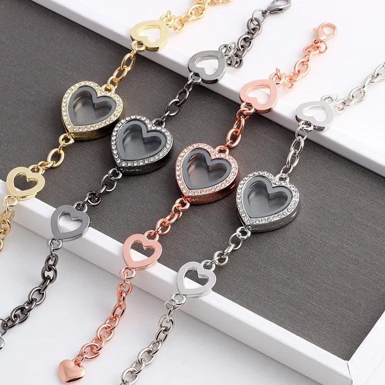 10Pcs/Lot Heart Shaped Living Relicario Memory Floating Locket Pendant Women Chain Bracelet Jewelry Accessories Wholesale
