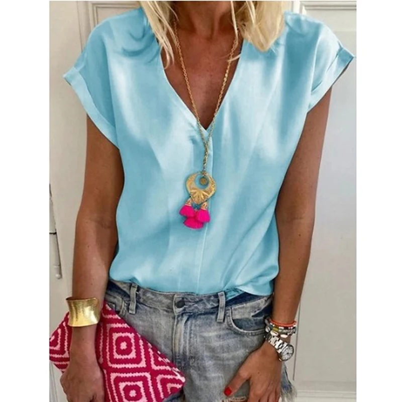 Летняя женская блузка с коротким рукавом шифоновая однотонная Свободная Женская