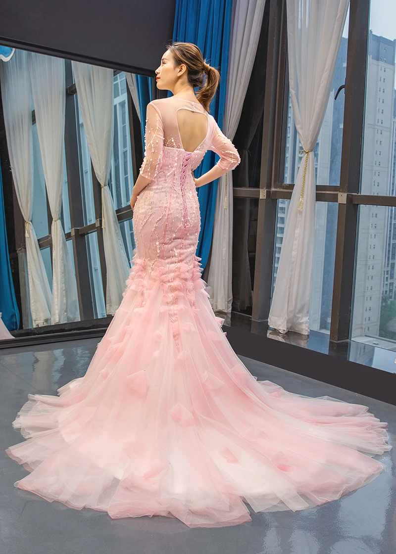 J66849 jancember mermaid evening dress elegant illusion o-neck half hot pink pageant dress wedding party robes de fiançailles