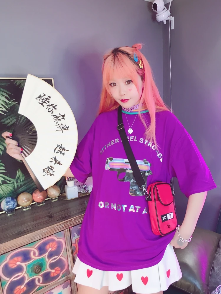 Ulzzang женская фиолетовая футболка с принтом лазерные буквы диско | Женская одежда