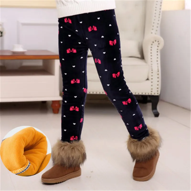 Rose red bow thicken Зимние леггинсы для девочек вельветовые плотные штаны с принтом для девочек мягкие теплые детские леггинсы штаны с рисунком для девочек, брюки, одежда - Цвет: Rose red bow thicken