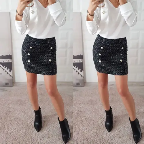 Зимние женские твидовые мини юбки А силуэта с высокой талией и