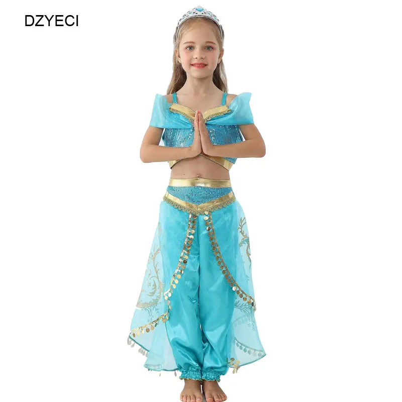 

DZYECI Aladdin Jasmine Princess Costume For Baby Girl Dress Kid Beach Sundress Sling Top+Lace Pant Outfit Child Disguise Prom