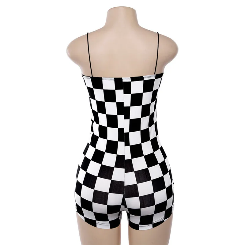 Новые Панк Харадзюку клетчатая шахматная доска повседневные Костюмы пляжного стиля Slash шеи с открытой спиной спереди O-комбинезон с молнией женский облегающий купальный костюм с шортами