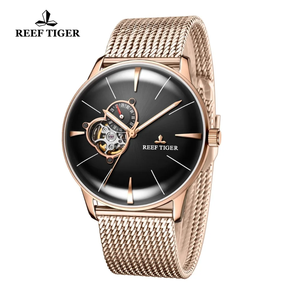 Reef Tiger/RT Топ бренд Luxruy часы для мужчин розовое золото синий автоматические
