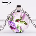 SONGDA Колибри фиолетовый цветок ожерелье животное Изящные птицы стеклянный кабошон с фото подвеска ювелирное изделие подарок для женщин и детей