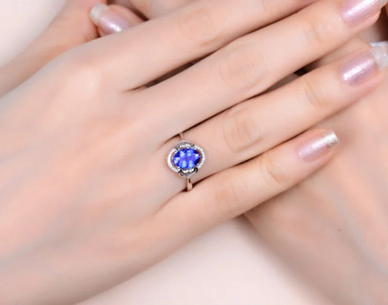Original 1.6 carat sterling 925 silver flower shape sapphire synthetic diamant ring tanzanite jewelry for women US size (CM) | Украшения и