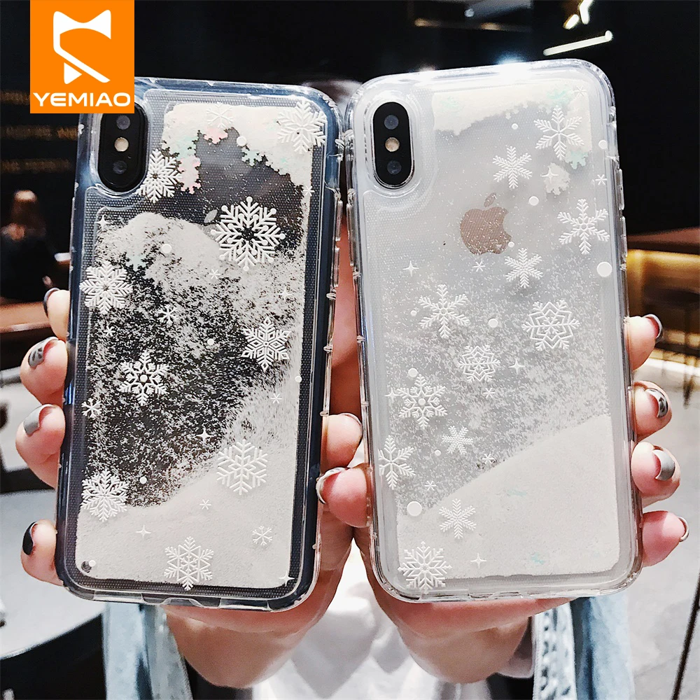 Белый Снежный Жидкий чехол для iPhone 7 8 Plus XS Max XR X прозрачный с милым рождественским