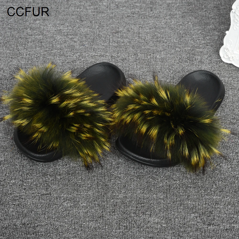 CCFUR Racoon/меховые тапочки; женские шлепанцы с натуральным мехом; модные домашние шлепанцы с пушистым мехом; много цветов; S6045E