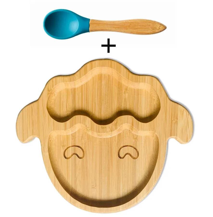 Blue Plate and Spoon Бутылочка для кормления ребенка ложка и вилка набор, расположенных бамбуковая доска с Защита от проливов, оставайтесь на месте всасывания кольцо - Цвет: Blue Plate and Spoon