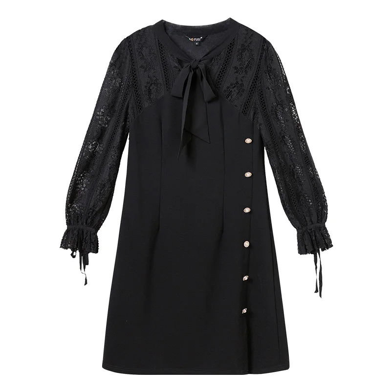 New2018Spring Ladies Plus size elegant dress lace sleeves one-piece dresses bow collar female casual vestidos tunic M-XXXXXL 5XL | Женская