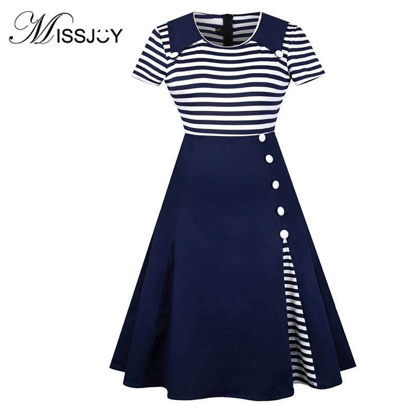 Платье на пуговицах MISSJOY в полоску с коротким рукавом и отложным воротником