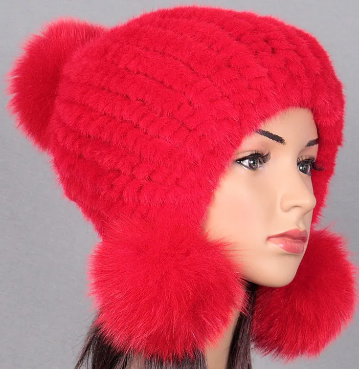red Норковая меховая ткацкая шапка из меха норки для леди лисий шар зимний теплый шлем шапка Толстая новая - Цвет: red