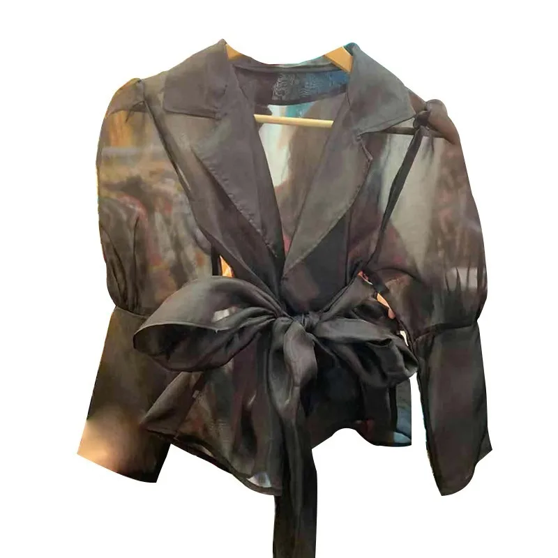 black TWOTWINSTYLE, перспективный укороченный Топ для женщин, с отворотом, с длинным рукавом, повязки, женские рубашки, блузка, корейская мода, элегантные, весна, новинка - Цвет: black
