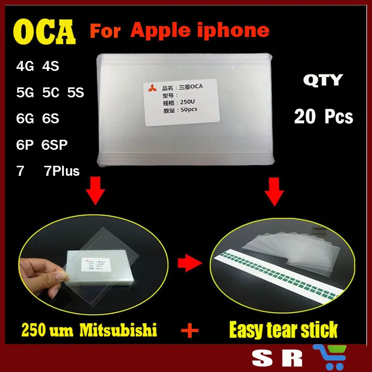 20 Шт./лот 250um Для Mitsubishi ОСА Клей Фильм Оптический Ясно для iPhone 4 4S 5 6 S 4.7 'ɶ Plus 7