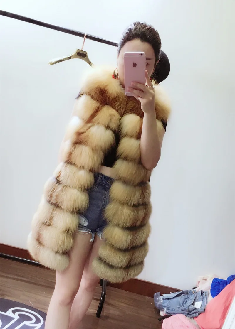 90cm long Меховой Sarcar, зимний женский жилет из натурального Лисьего меха, новая мода, 90 см длина, толстый красный Лисий мех, жилет без рукавов, меховой жилет, пальто 92829 - Цвет: 90cm long