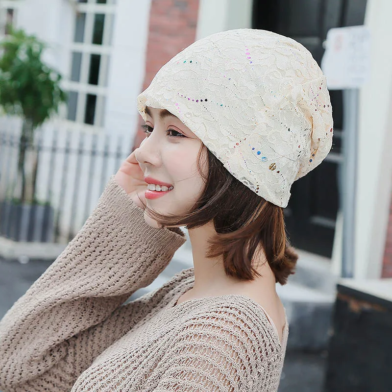 Turban Hats For Women Beanies Ladies Double Layer Lace Flower Bonnet Femme Female Baggy Cap 2018 New Summer Autumn Beanie | Аксессуары