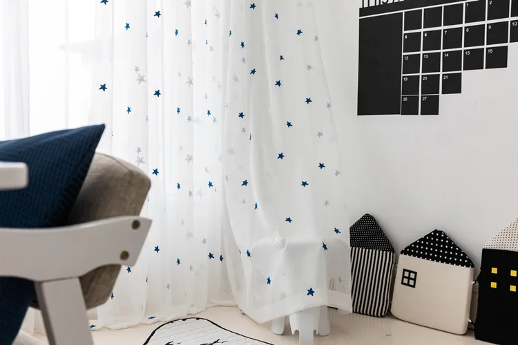 Embroidered Blue Star Tulle Curtains For Living Room Soft Sheer Curtains For Window Bedroom Curtains Fabrics Drapes 300&30