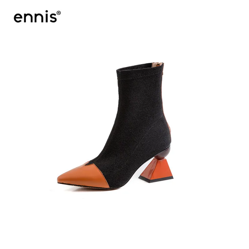 Brown ENNIS/ г. ботинки на высоком каблуке женские ботинки из эластичной ткани женские ботильоны с острым носком черная обувь на молнии Осенняя модная новинка, A944 - Цвет: Brown