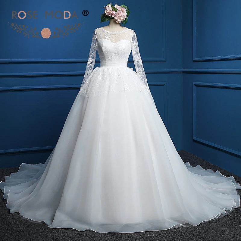 

Rose Moda Long Sleeves Wedding Dress Vintage Lace Ball Gown Low V Back Muslim Wedding Dresses Plus Size Real Photos