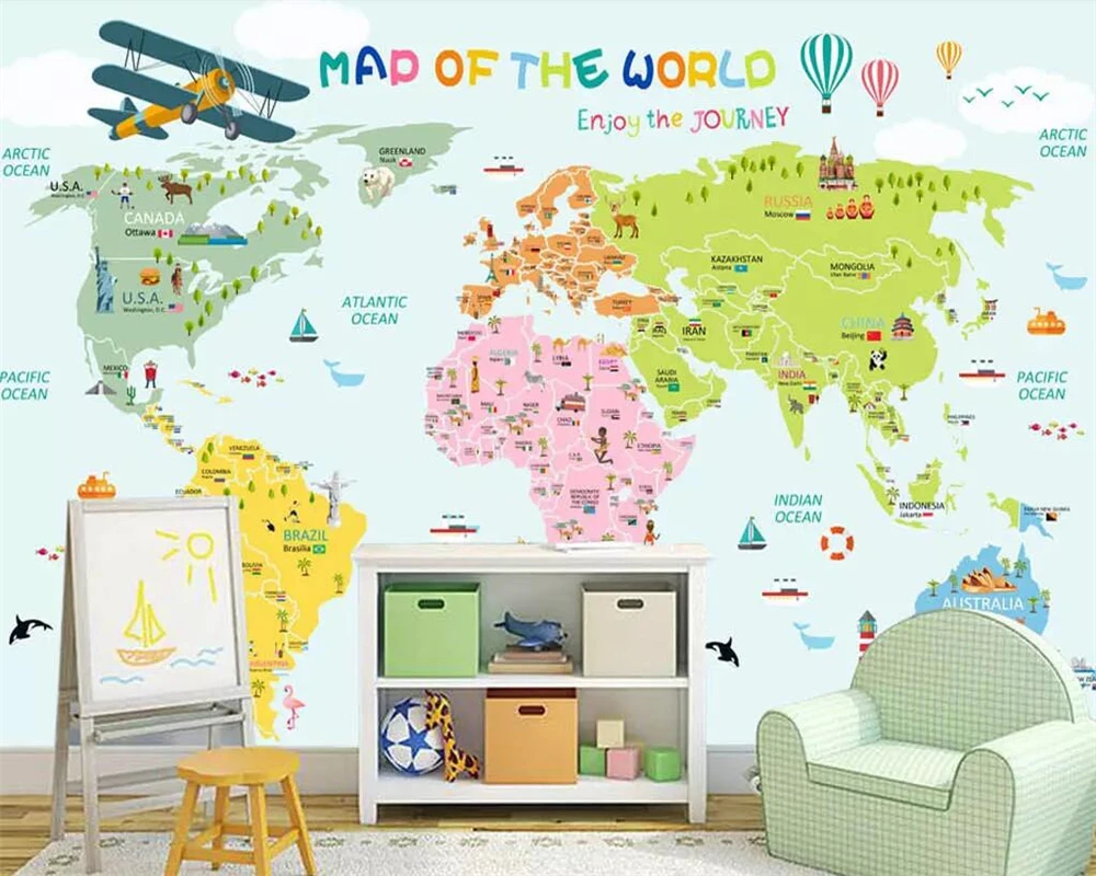 Beibehang пользовательские 3D мультфильм карта мира фотообои спальня гостиная детская комната фон настенная живопись