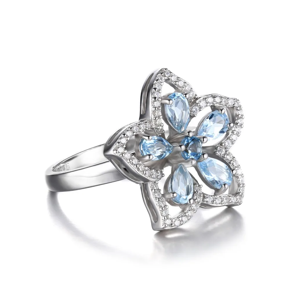 Jewelrypalace цветок 1.5ct Природный Голубой топаз коктейльное кольцо стерлингового