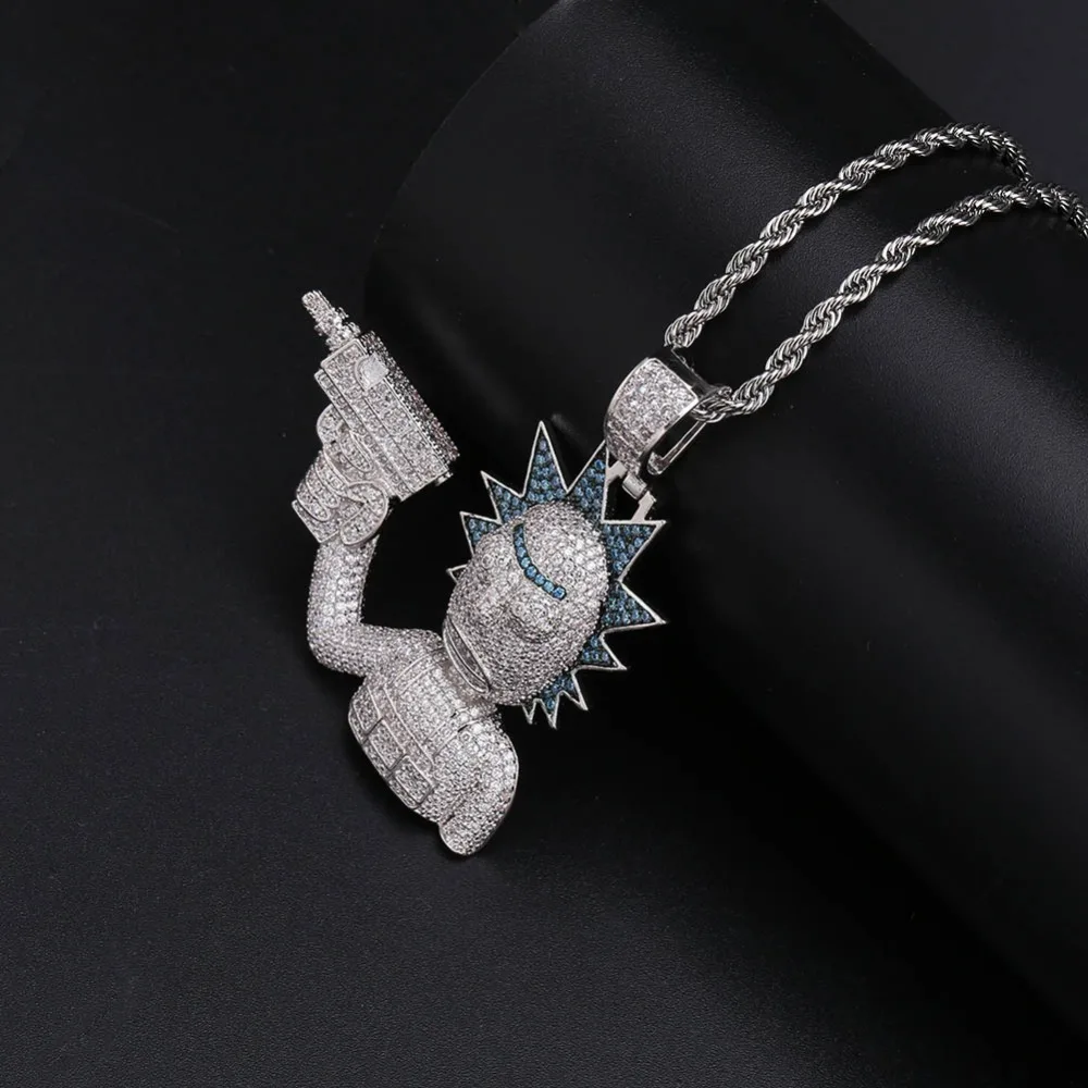 GUCY Рик и Морти кулон ожерелье все Iced Out Micro Pave кубического циркония мужские хип хоп ювелирные изделия Позолоченные талисманы подарок