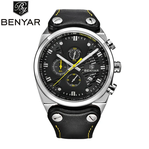 SilverYellow Relogio Masculino BENYAR Роскошные брендовые черные часы Мужские Модные Военные Хронограф Спортивные кварцевые наручные часы с календарем - Цвет: SilverYellow