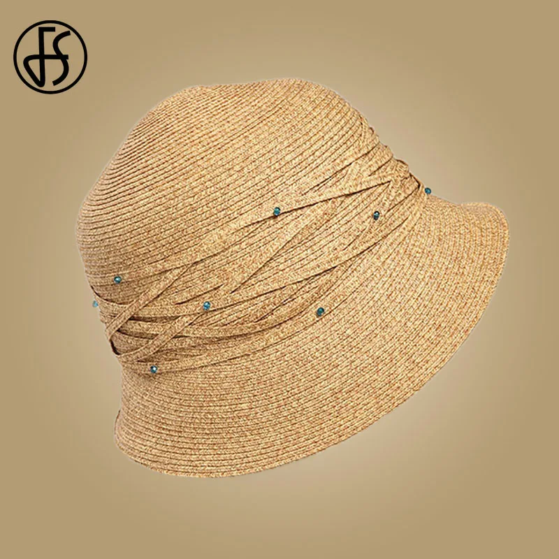 Женская соломенная шляпка от солнца FS пляжная складывающаяся с широкими полями