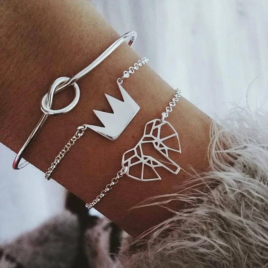Богемные серебряные Простые браслеты и браслеты для женщин Мода Шарм Корона Слон открывающая манжета браслет набор вечерние ювелирные изделия - Окраска металла: Синий