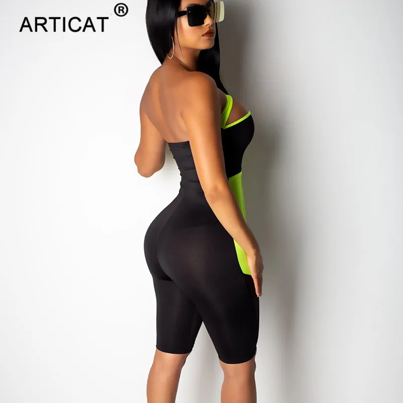 Articat сетки лоскутное без бретелек Bodycon комбинезон для женщин с открытыми плечами прозрачные летние женские комбинезоны с открытой спиной костюм для вечеринки