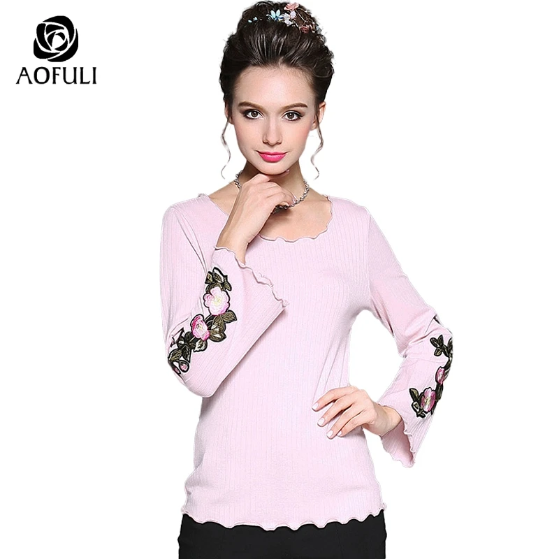 Размер M/L/XL топы с длинными рукавами и цветочной вышивкой волнистый вязаный