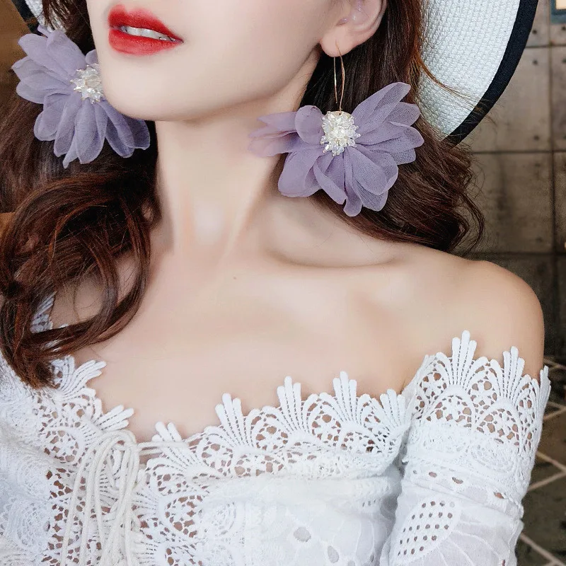 Женские большие серьги в Корейском стиле с шифоновым цветком модные шикарные