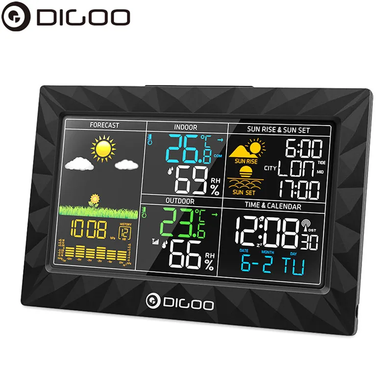 DIGOO DG TH8988 Метеостанция Тонкий геометрический дизайн Sunrise Sunset дисплей термометр